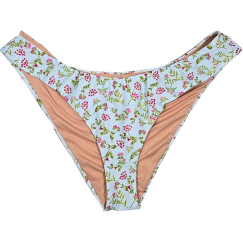 J Crew High Leg Cheeky Bikini Bottoms Floral Print Light Blue Pink Size L - Picture 1 of 10